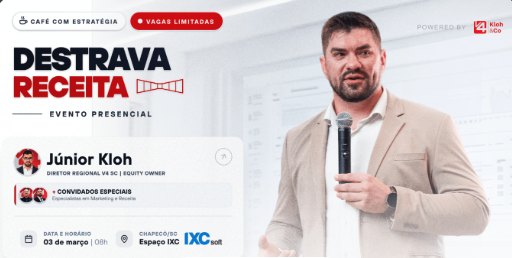 Arte de divulgação do Destrava Receita · Café com Estratégia, com Júnior Kloh, 3 de março, Chapecó