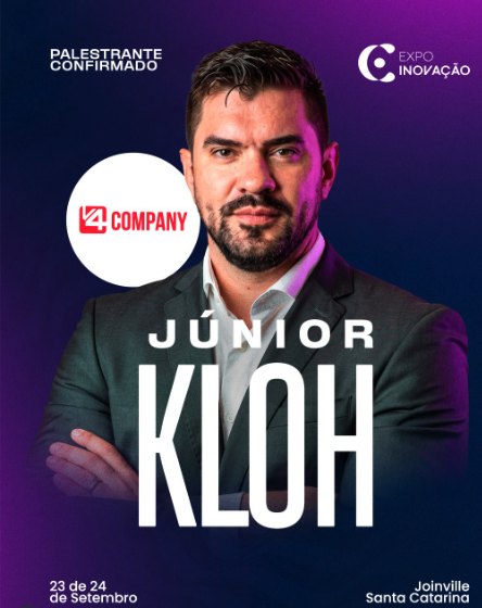 Arte de divulgação: Júnior Kloh, palestrante confirmado na Expoinovação, 23 e 24 de setembro, Joinville