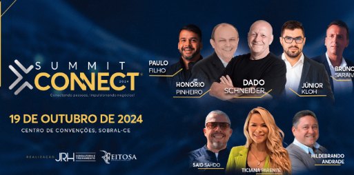 Arte de divulgação do Summit Connect 2024, com Júnior Kloh entre os palestrantes, 19 de outubro, Sobral
